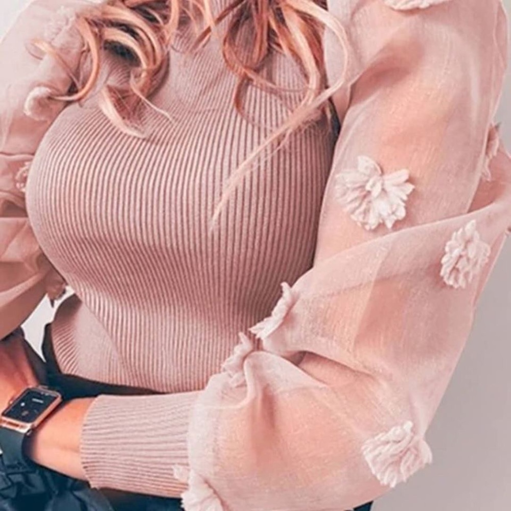 FASHIONEMOJI Pink Puff Mock Turtleneck Ribbed Top
